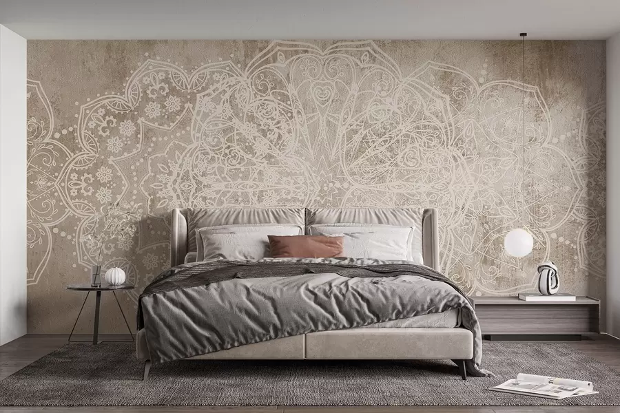wall murals Детаљан, сложен узорак мандале од беле чипке на текстурираној позадини беж-браон зида у поткровљу w08387v1