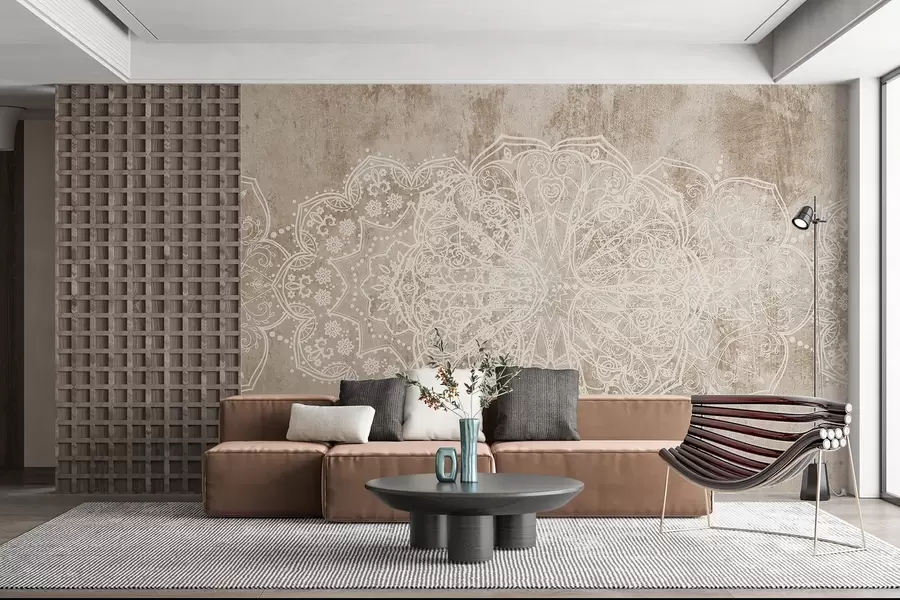 wall murals Детаљан, сложен узорак мандале од беле чипке на текстурираној позадини беж-браон зида у поткровљу w08387v1