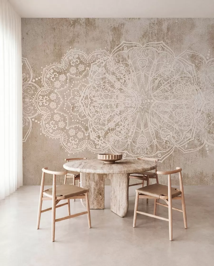 wall murals Детаљан, сложен узорак мандале од беле чипке на текстурираној позадини беж-браон зида у поткровљу w08387v1