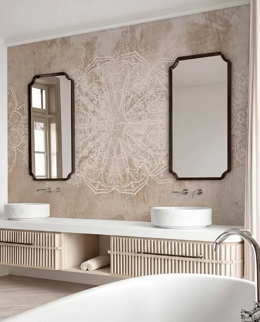 wall murals Детаљан, сложен узорак мандале од беле чипке на текстурираној позадини беж-браон зида у поткровљу w08387v1
