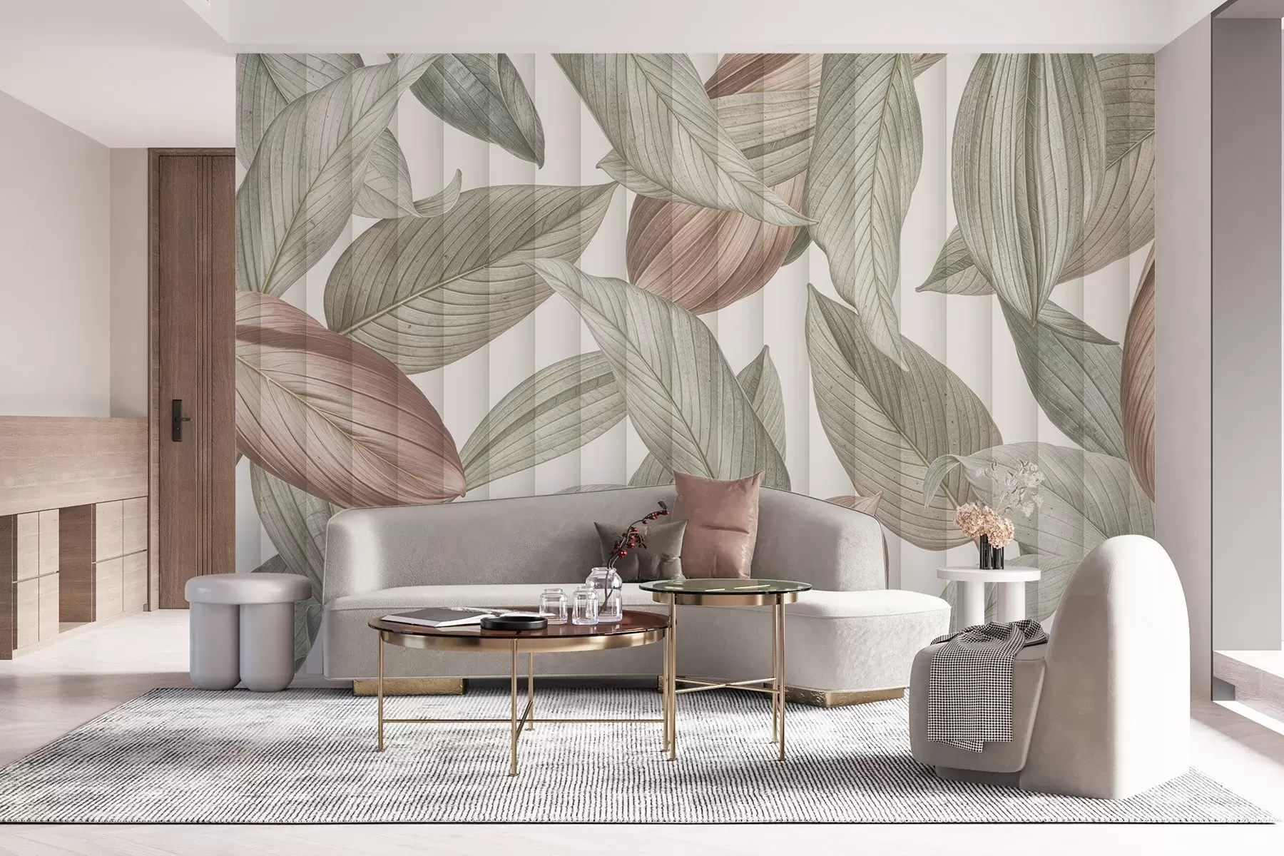 wall murals Апстрактни детаљни листови у нијансама зелене, сиве и пастелно наранџасте на светлој позадини w08388