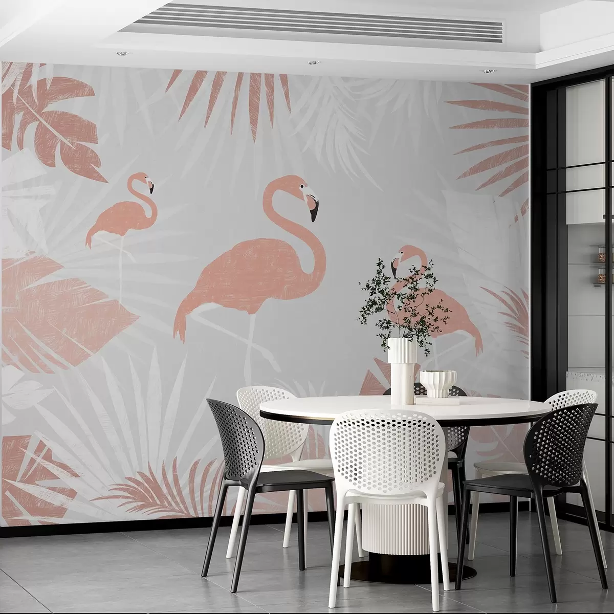 wall murals Дизајн фламингоса међу тропским листовима w00791