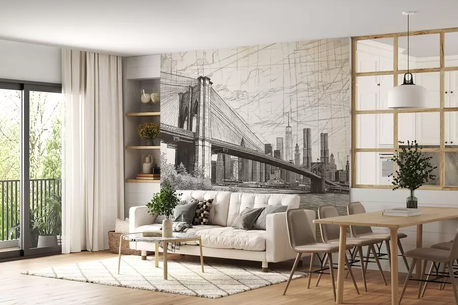 wall murals Панорама Бруклинског моста направљена у скицираној ретро техници са линијама и огреботинама w01961
