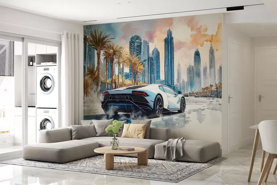 wall murals Бели модерни спортски аутомобил који се трка на позадини палми и небодера у техници слободног акварела w01963