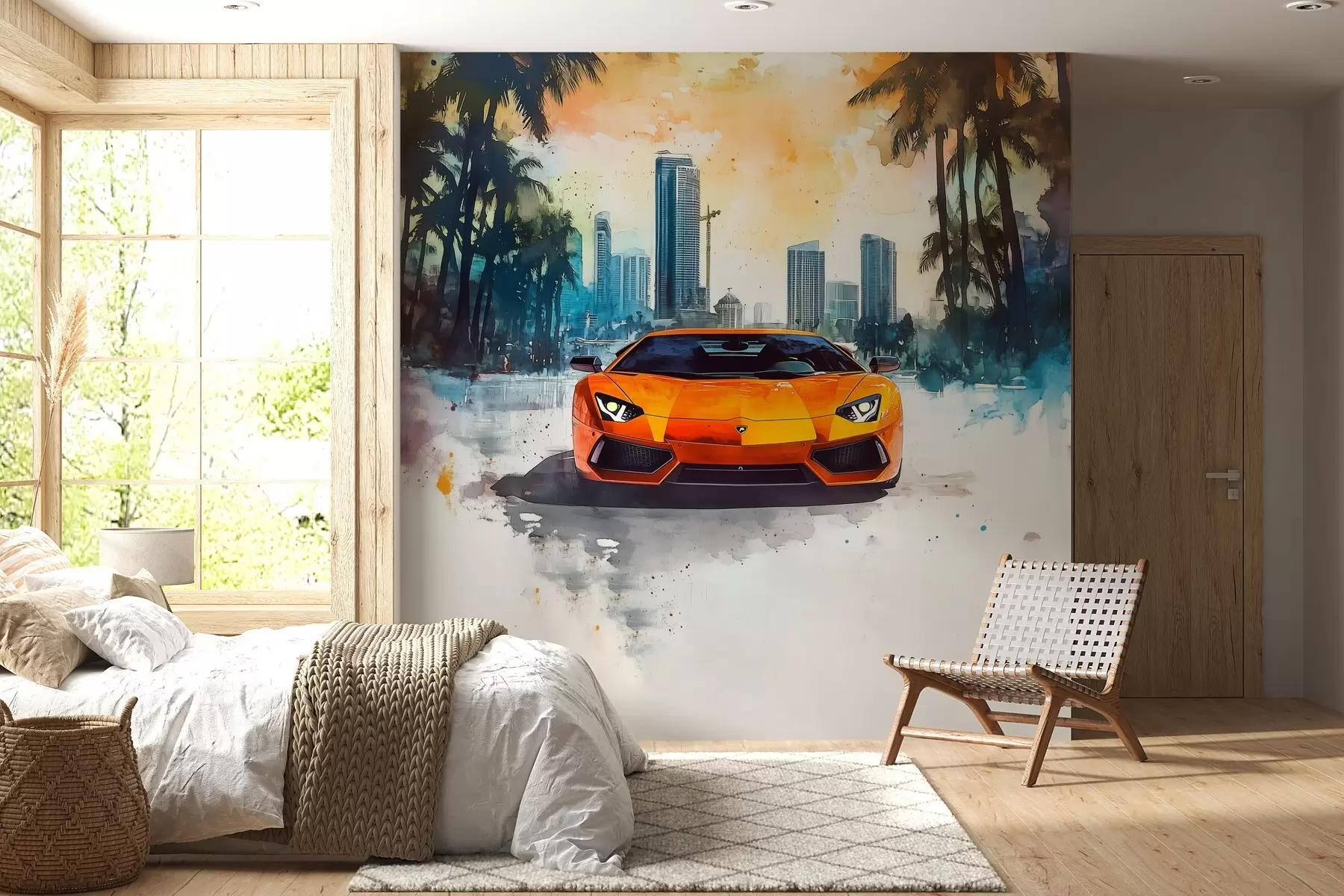 wall murals Светао модеран спортски аутомобил на позадини палми и небодера у техници акварела а ла прима w01964