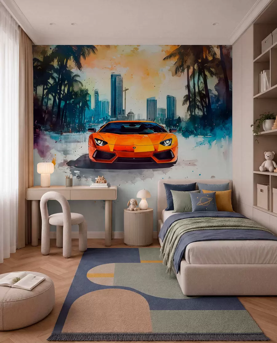 wall murals Naslikani narandžasti auto w01964