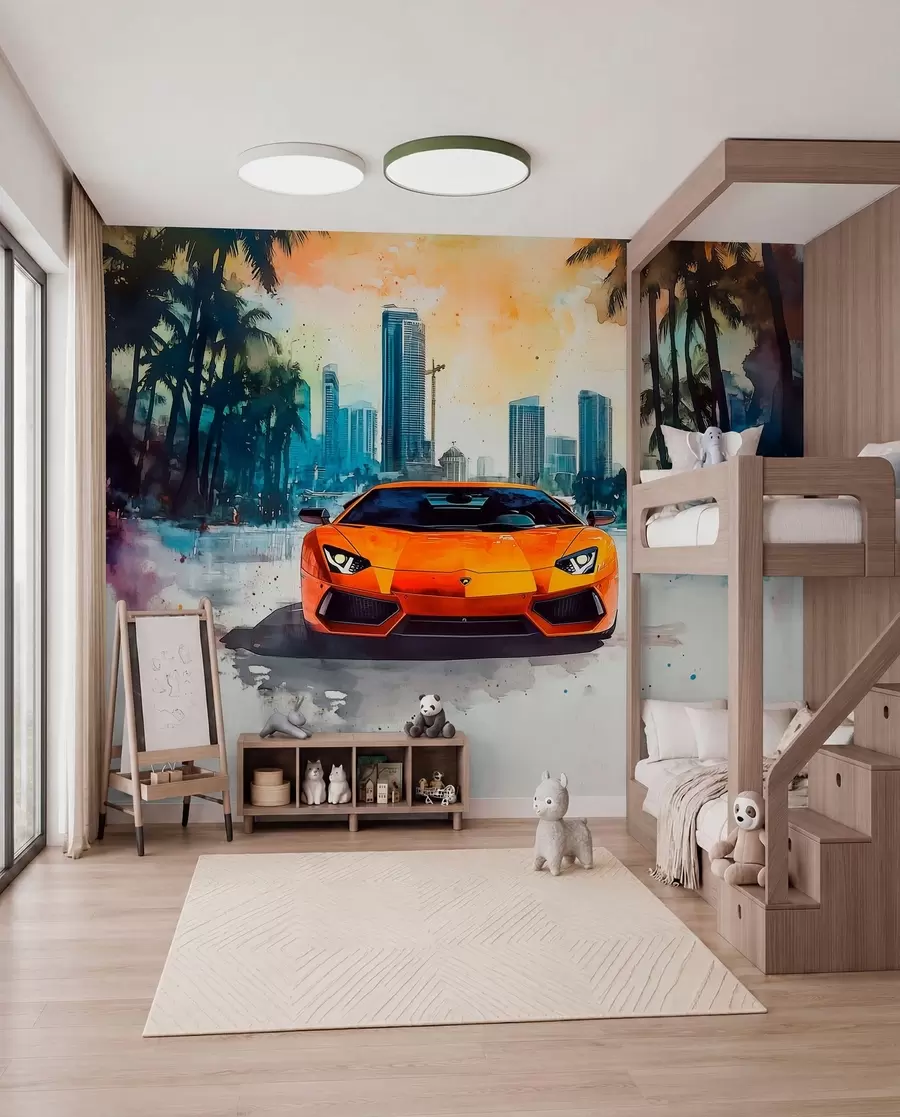 wall murals Naslikani narandžasti auto w01964