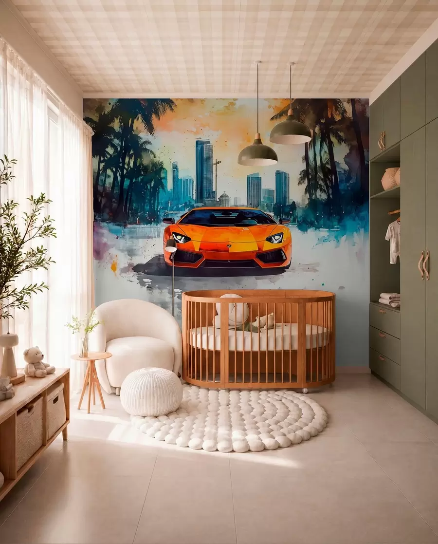 wall murals Naslikani narandžasti auto w01964
