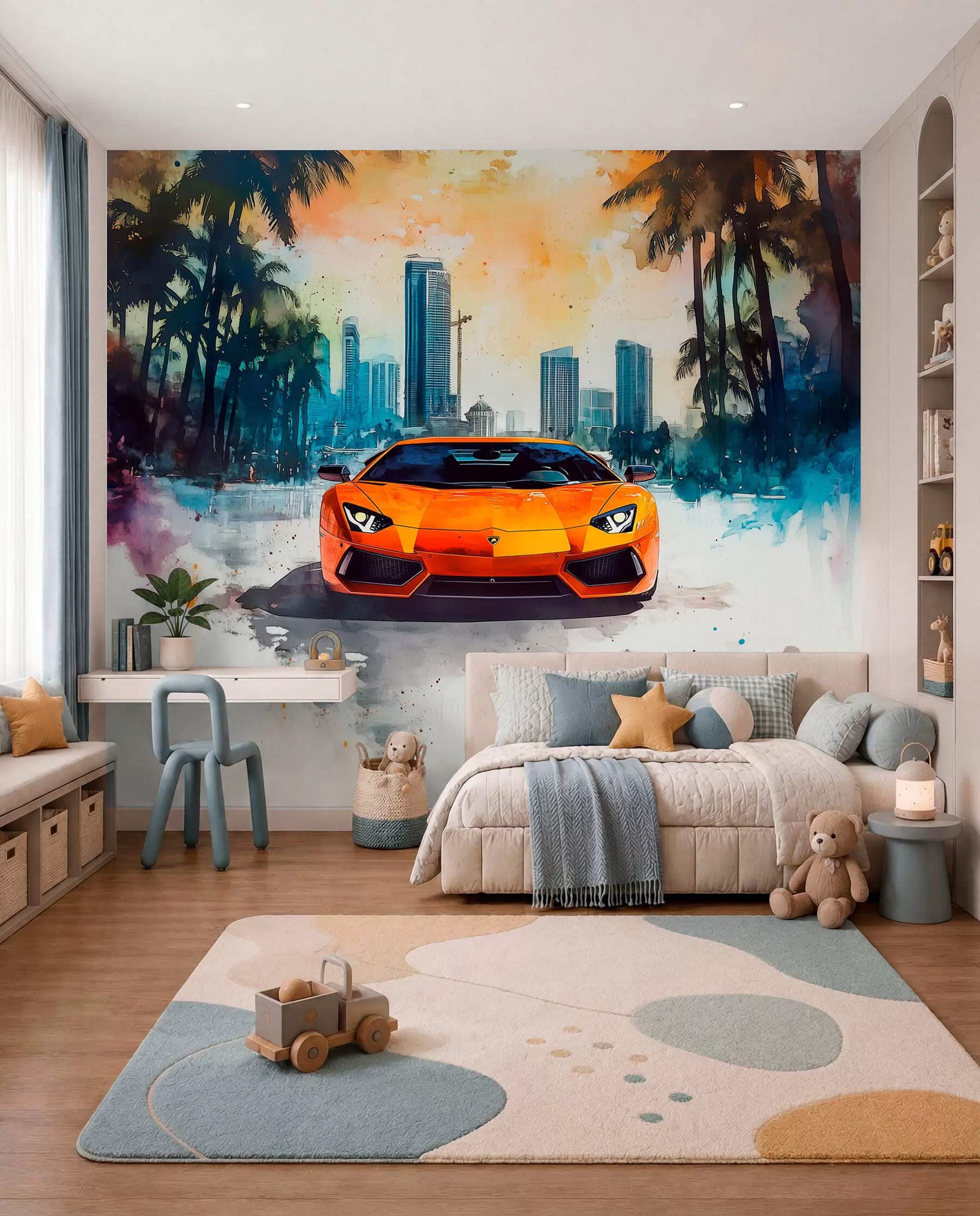 wall murals Naslikani narandžasti auto w01964