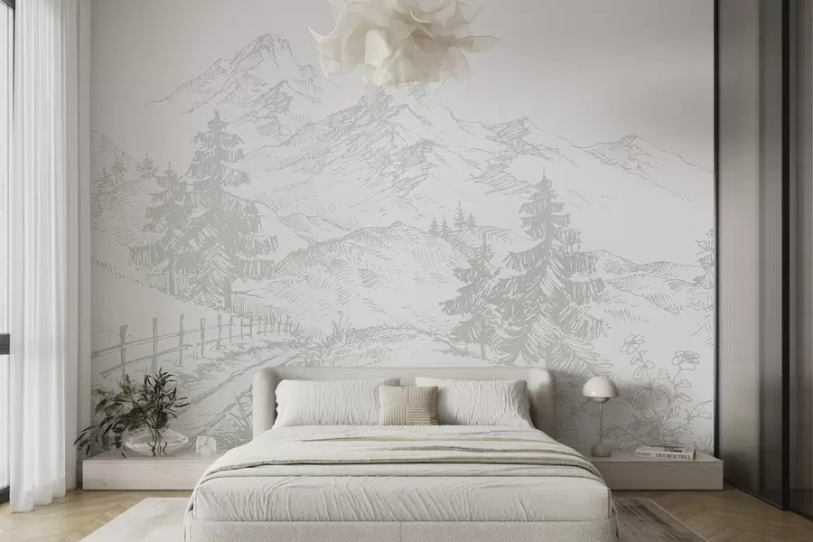 wall murals Спокојан пејзаж планина и дрвећа u99572v1