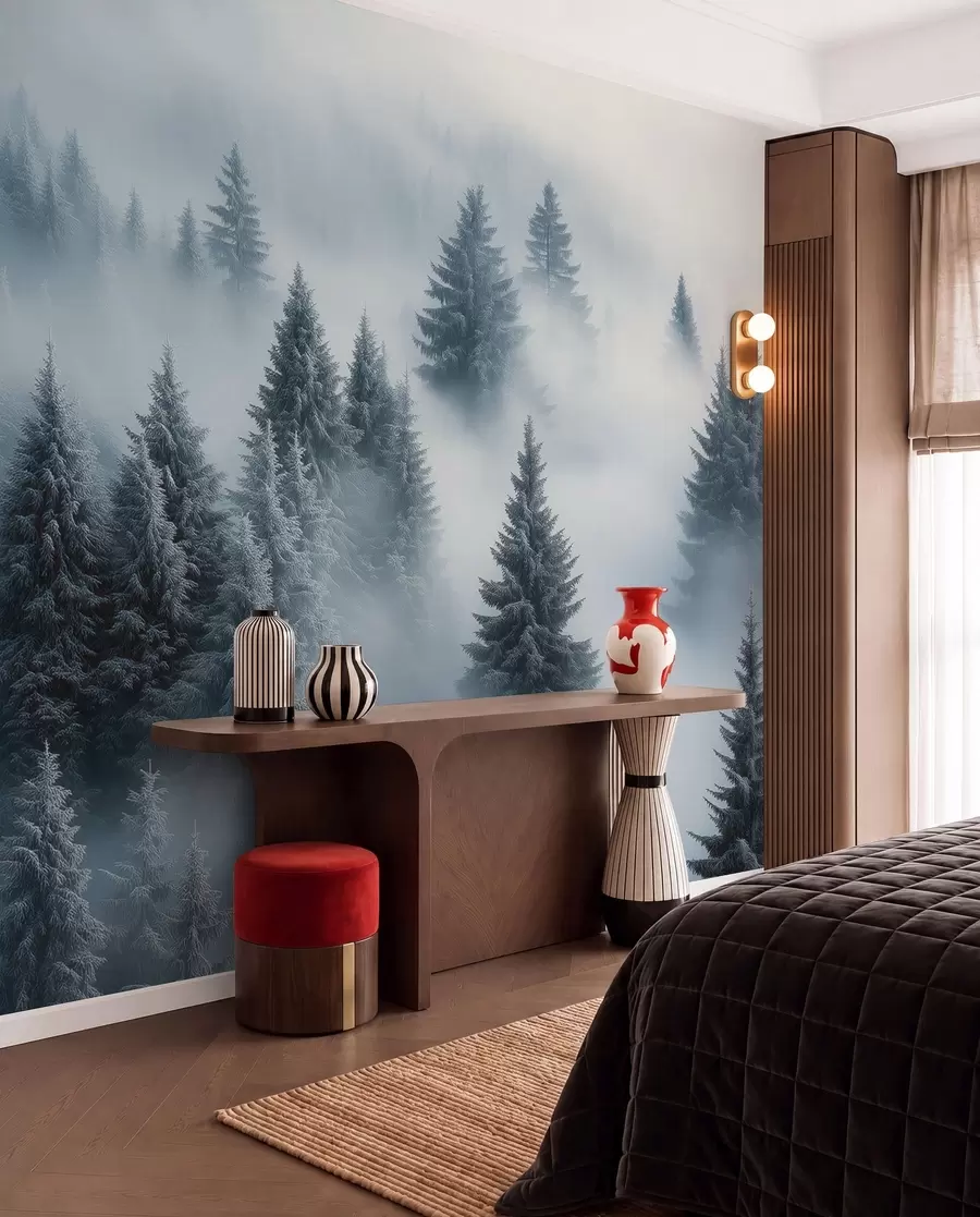 wall murals Густа магла обавија снежну јутарњу шуму у нијансама плаве w02064
