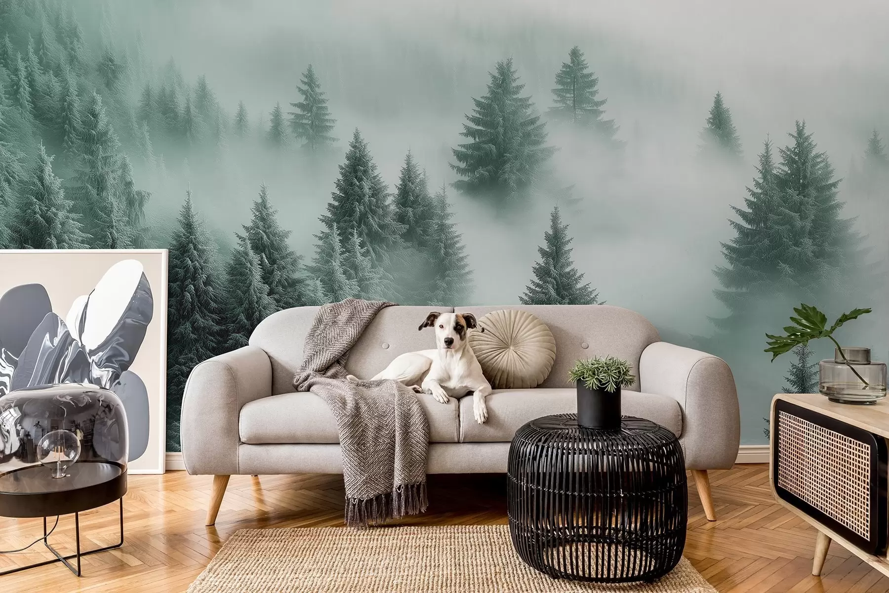 wall murals Густа магла обавија снежну јутарњу шуму у нијансама зелене w02064v1
