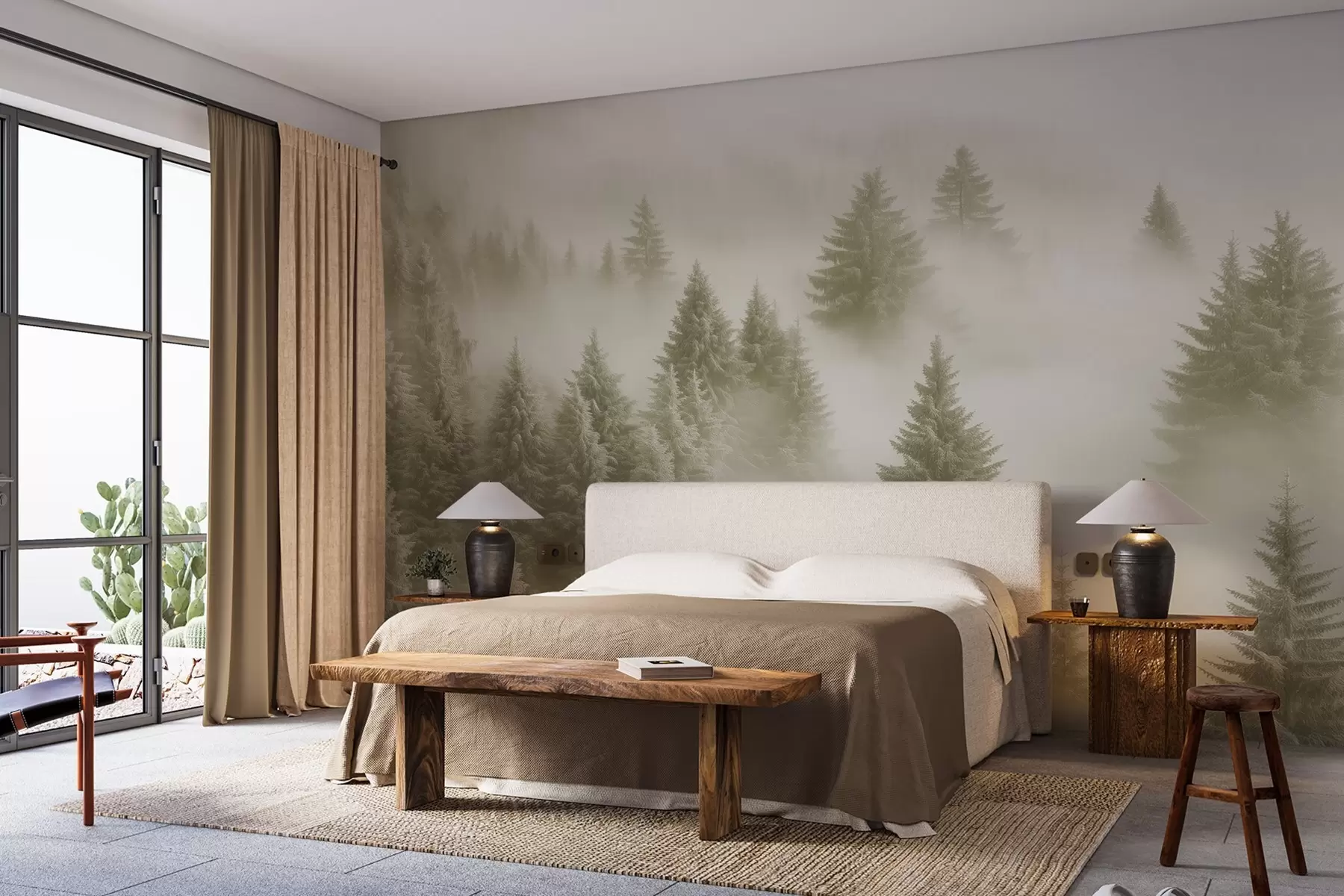 wall murals Густа магла обавија снежну јутарњу шуму у меким зеленим нијансама w02064v2