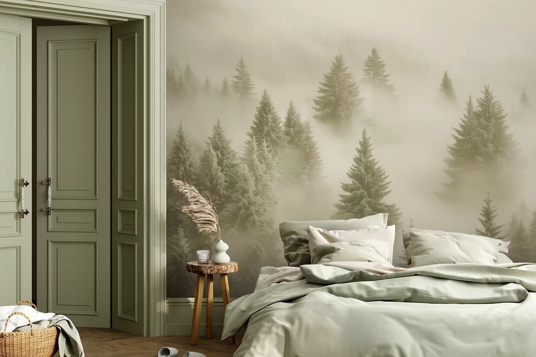 wall murals Густа магла обавија снежну јутарњу шуму у меким зеленим нијансама w02064v2