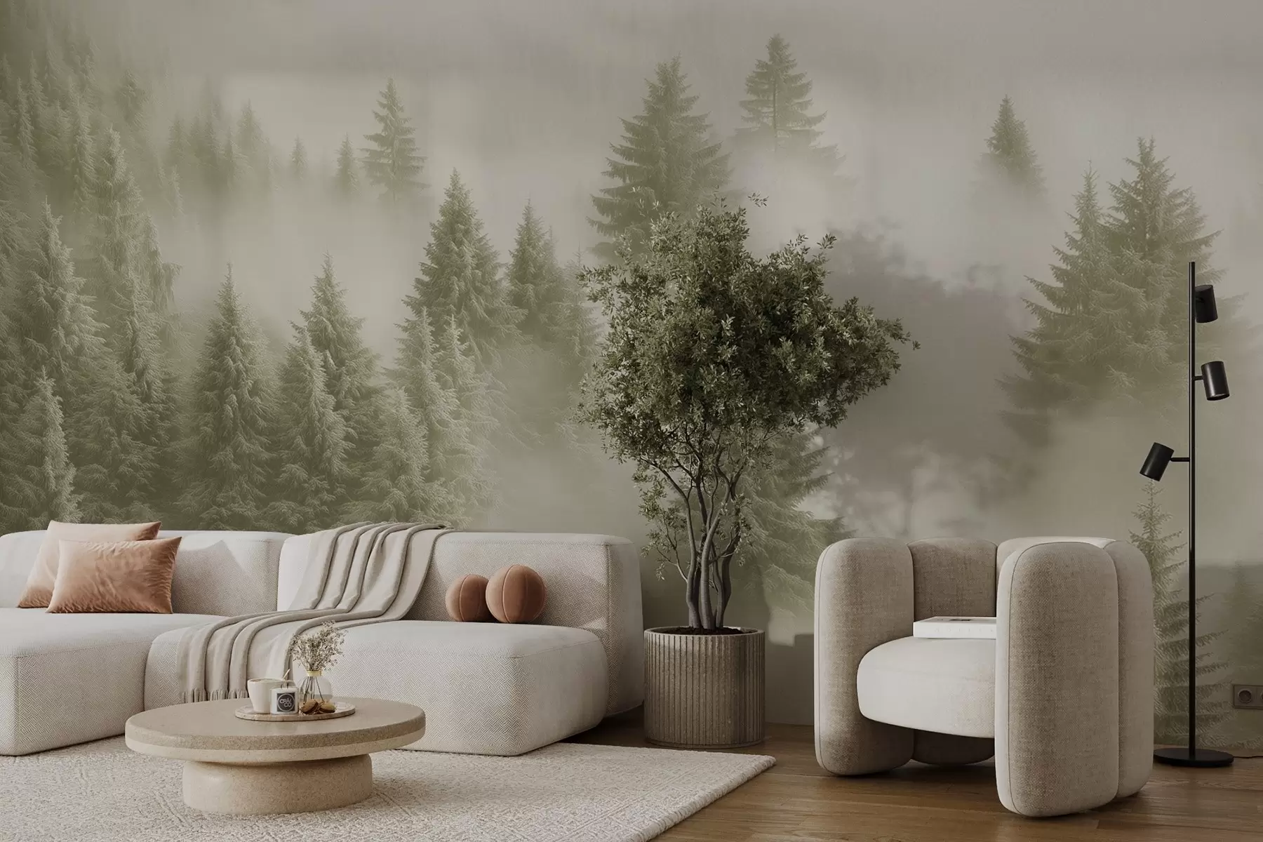 wall murals Густа магла обавија снежну јутарњу шуму у меким зеленим нијансама w02064v2