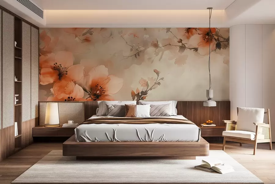 wall murals Акварелна композиција цвећа у топлим нијансама брескве и наранџе w02068