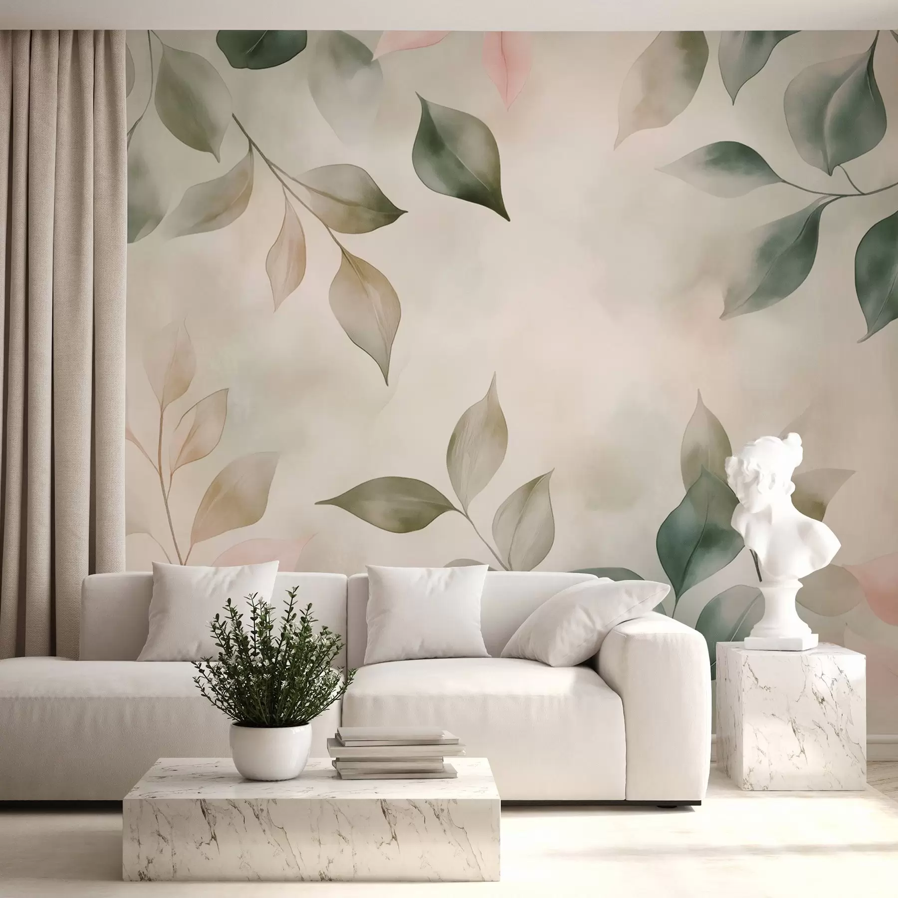 wall murals Акварел жалфија-зелено и ружичасто лишће w02069