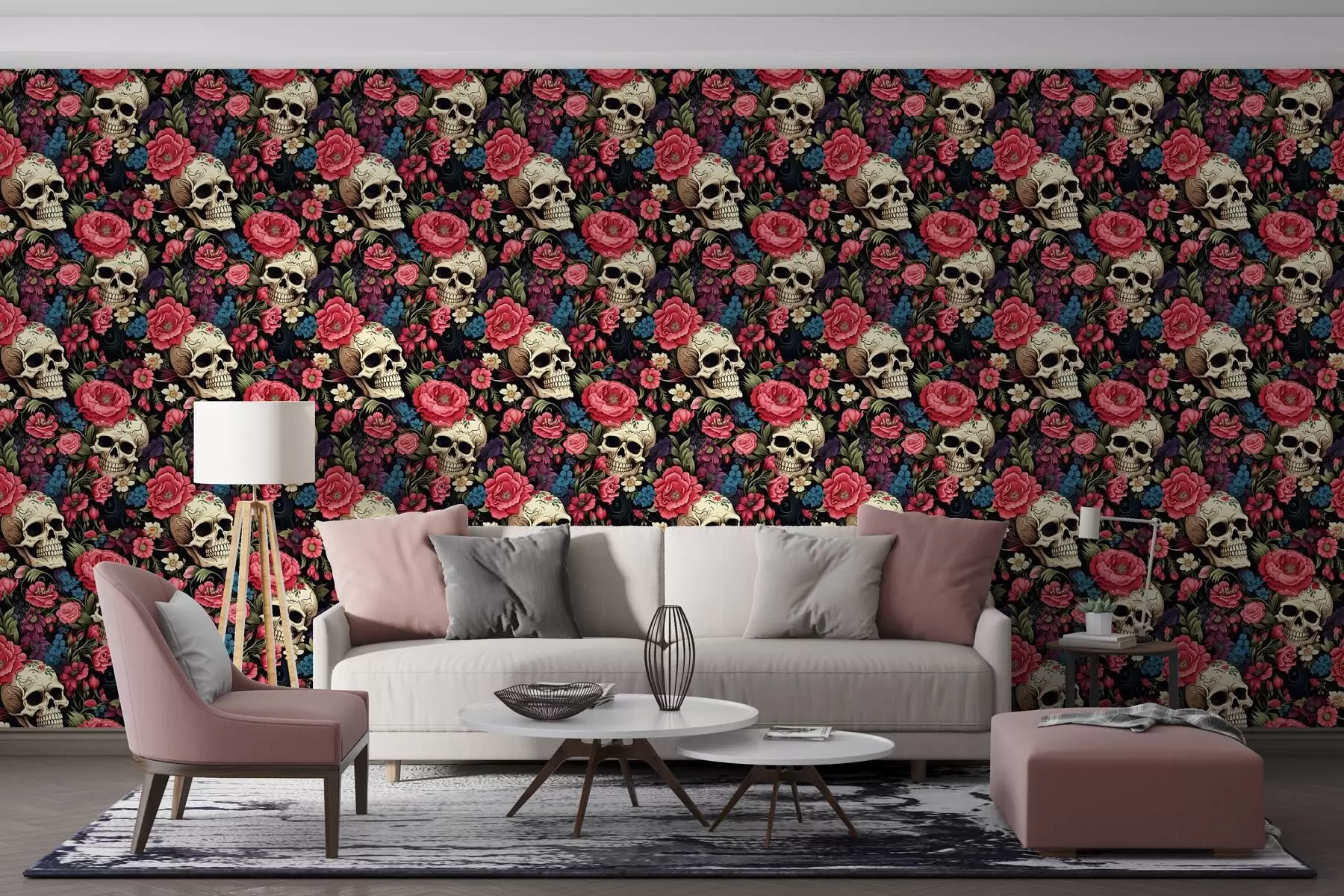 wall murals Мистична тапета у ретро стилу са узорком лобање и цвећем у ружичастим тоновима на тамној позадини w02084