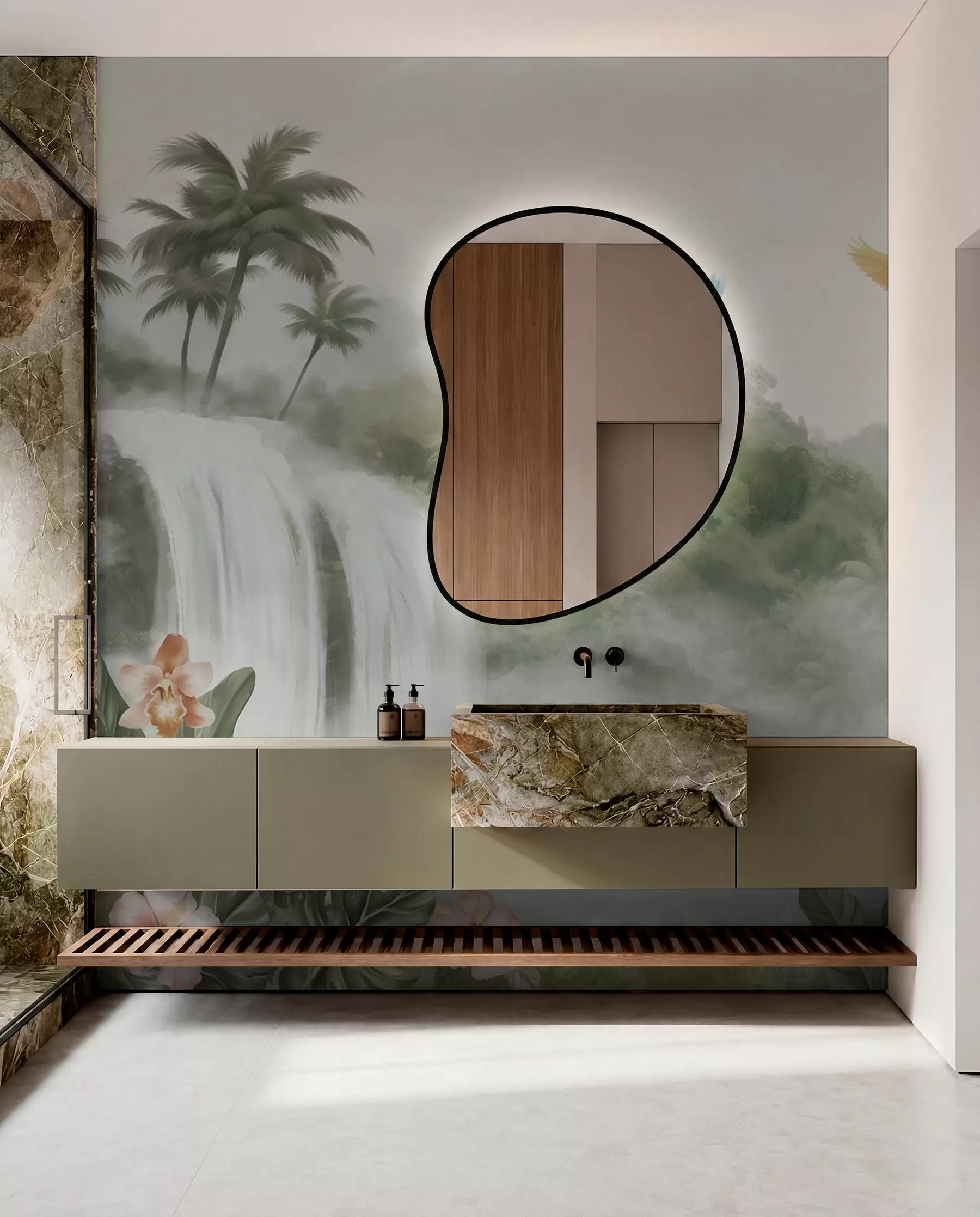 wall murals Тропски пејзаж са водопадом, рибњаком, цвећем и птицама w02127
