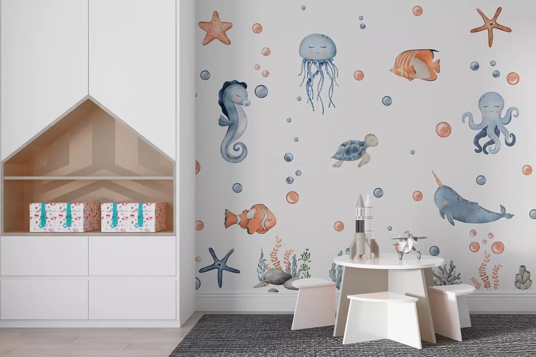 wall murals Разиграна морска створења испод мехурића w00857