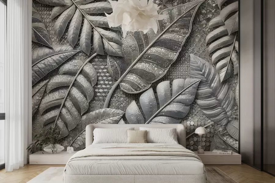 wall murals Велики тропски листови у деликатним сребрним тоновима, у текстурираном мозаичком стилу w02135