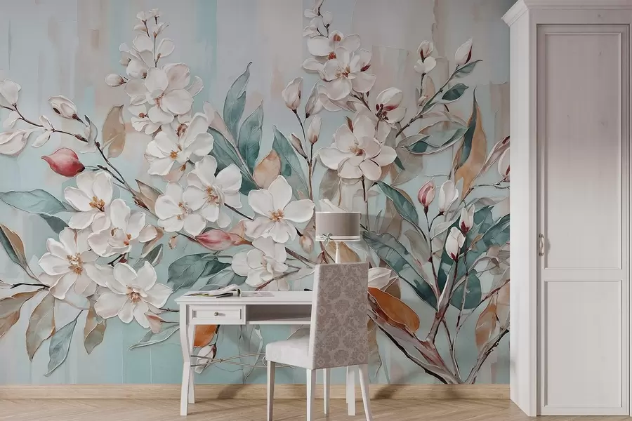 wall murals Цветно пастелно нежно бело цвеће са ружичастим срединама, окружено бујним зеленим листовима и гранама w08399
