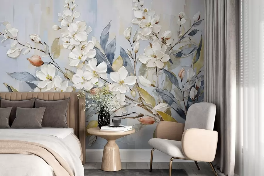 wall murals Цветни пастелни деликатни бели цветови са жутим средиштима, окружени бујним зеленим листовима и гранама w08399v1