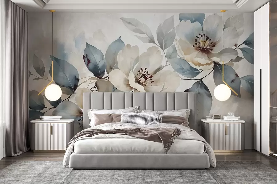 wall murals Деликатни акварел текстурирани бели и плави цветни аранжман, са меким латицама и срединама w08401
