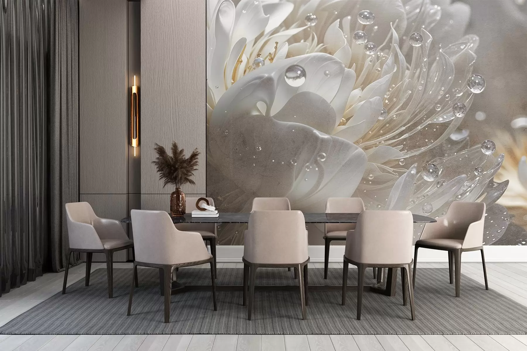 wall murals Крупни план беж цвета божура са капљицама воде на његовим деликатним латицама, стварајући меку атмосферу w08402