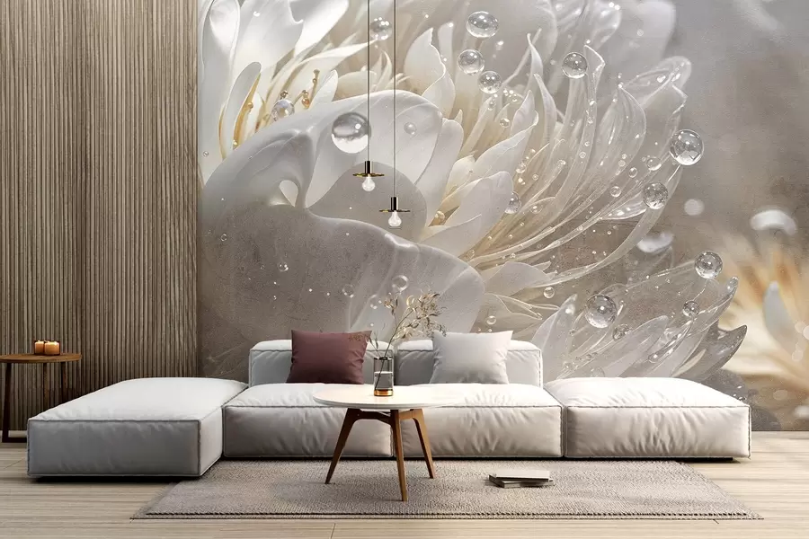 wall murals Крупни план беж цвета божура са капљицама воде на његовим деликатним латицама, стварајући меку атмосферу w08402