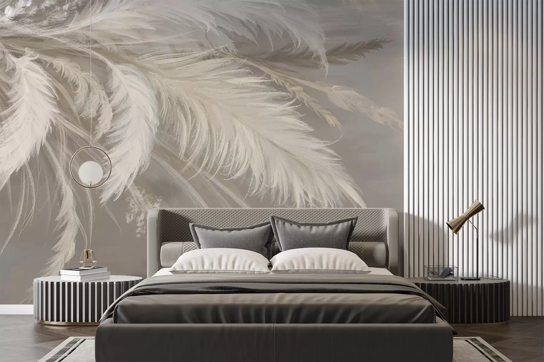 wall murals Меко, пухасто бело перје и сушено цвеће на неутралној пастелној беж позадини w08403