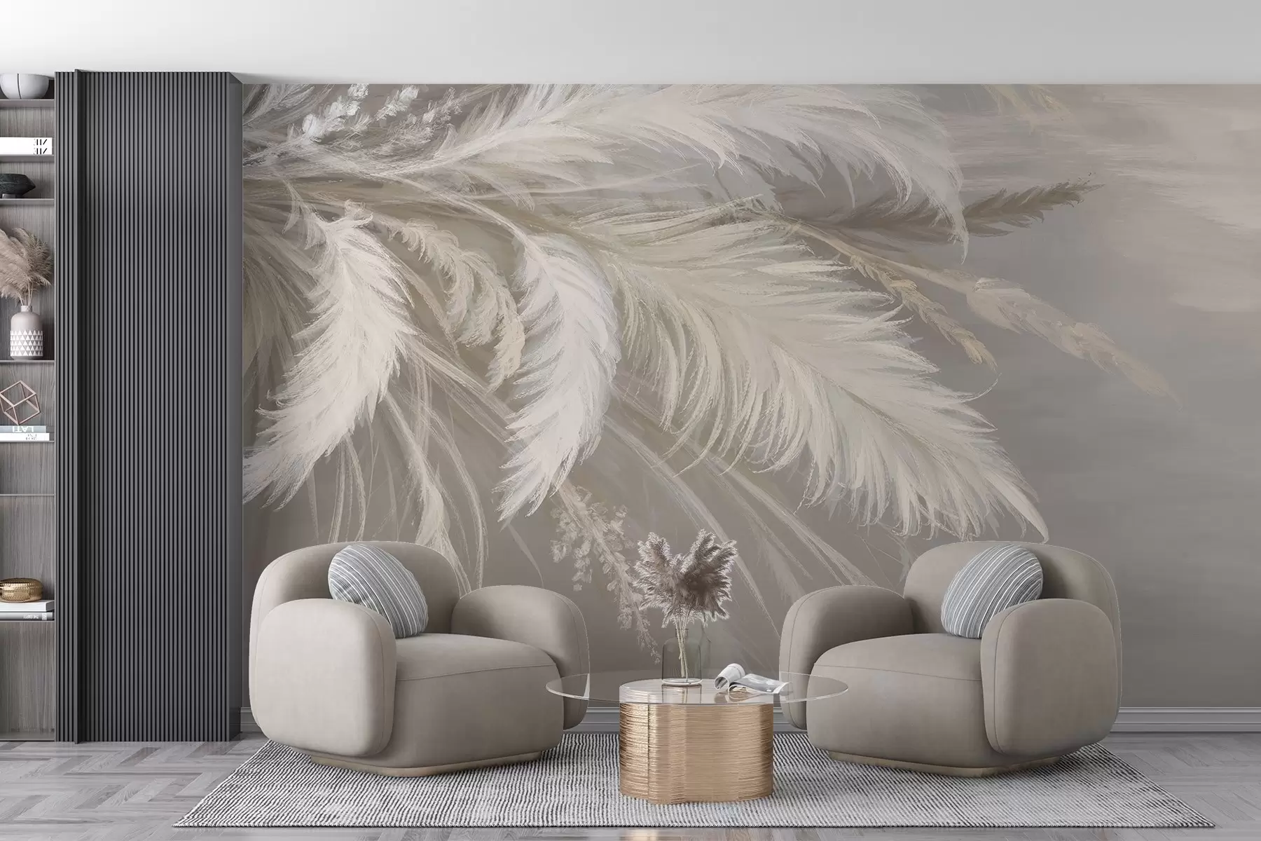 wall murals Меко, пухасто бело перје и сушено цвеће на неутралној пастелној беж позадини w08403