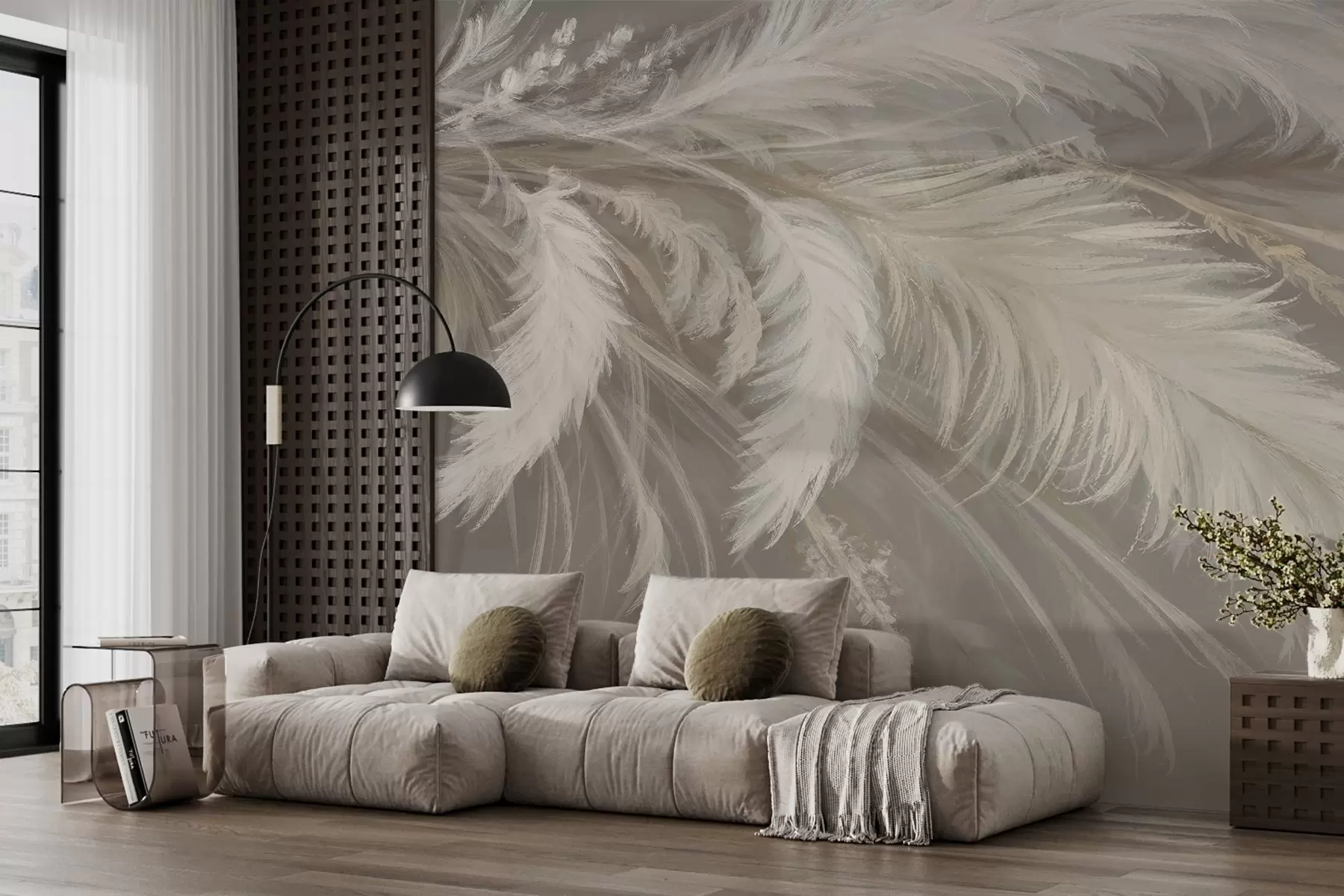 wall murals Меко, пухасто бело перје и сушено цвеће на неутралној пастелној беж позадини w08403