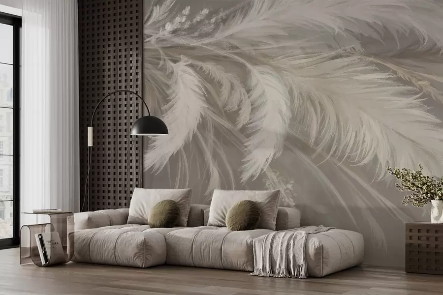 wall murals Меко, пухасто бело перје и сушено цвеће на неутралној пастелној беж позадини w08403