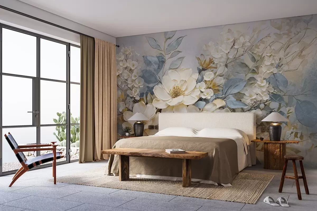 wall murals Текстурирани велики бели и бледо жути цветови са сиво-зеленим листовима на мекој, замућеној позадини w08404