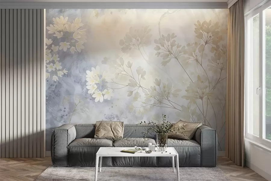 wall murals Нежна апстрактна пастелна штампа белог цвећа на замућеној позадини, мека и етерична w08408