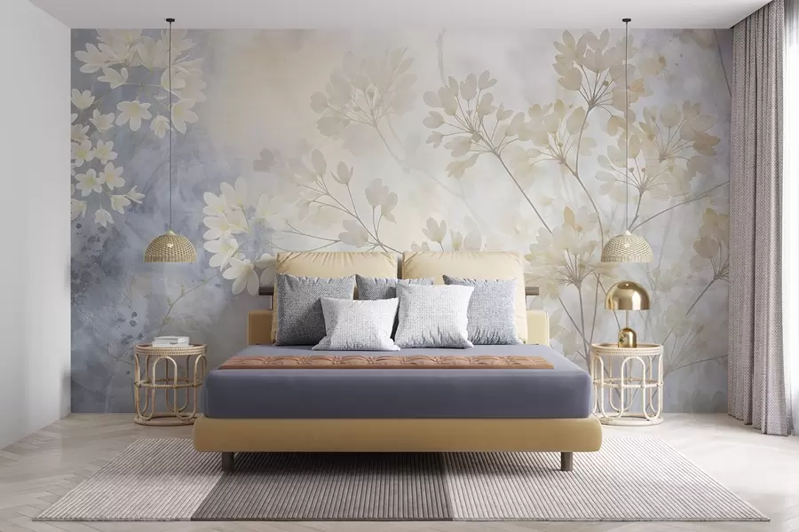 wall murals Нежна апстрактна пастелна штампа белог цвећа на замућеној позадини, мека и етерична w08408