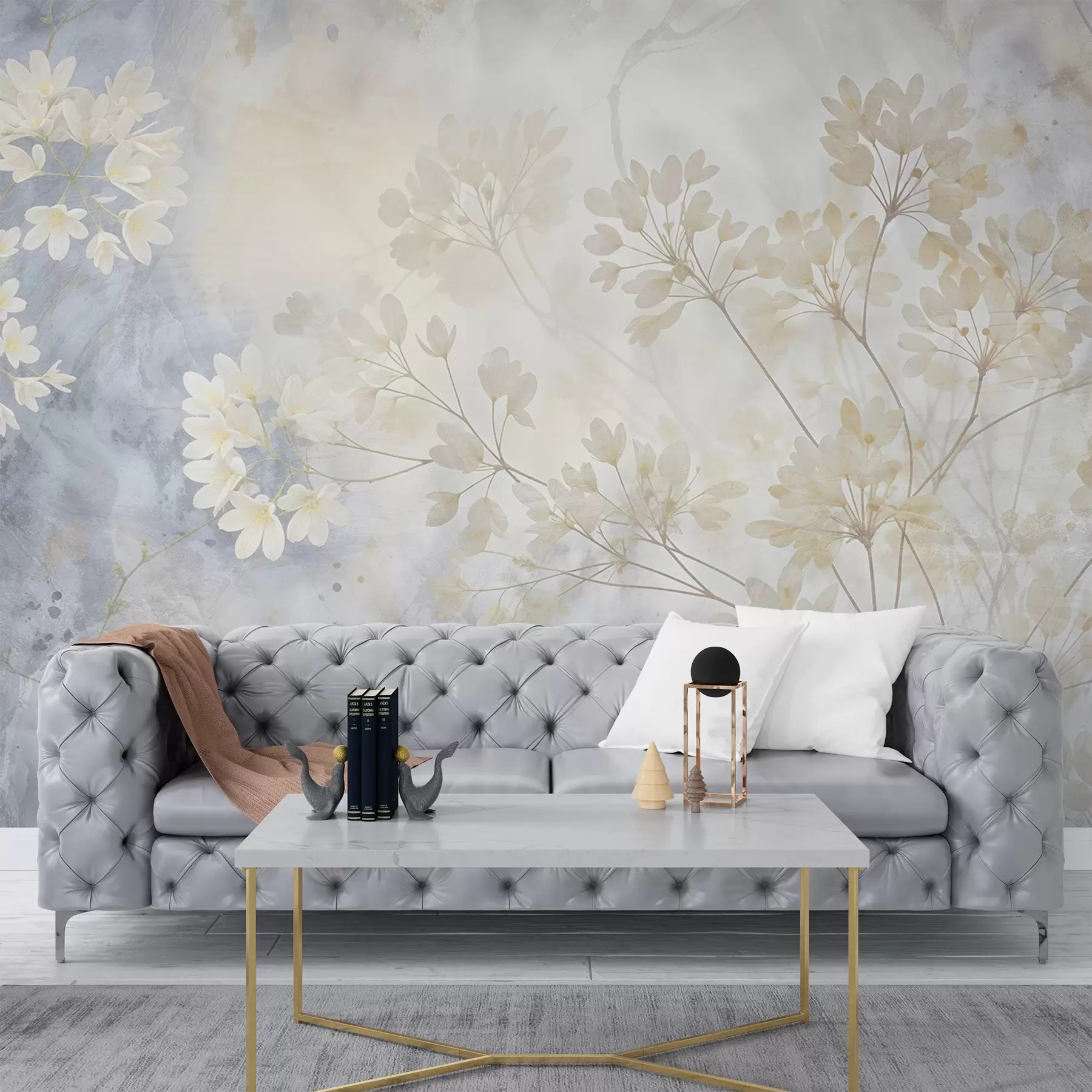 wall murals Нежна апстрактна пастелна штампа белог цвећа на замућеној позадини, мека и етерична w08408