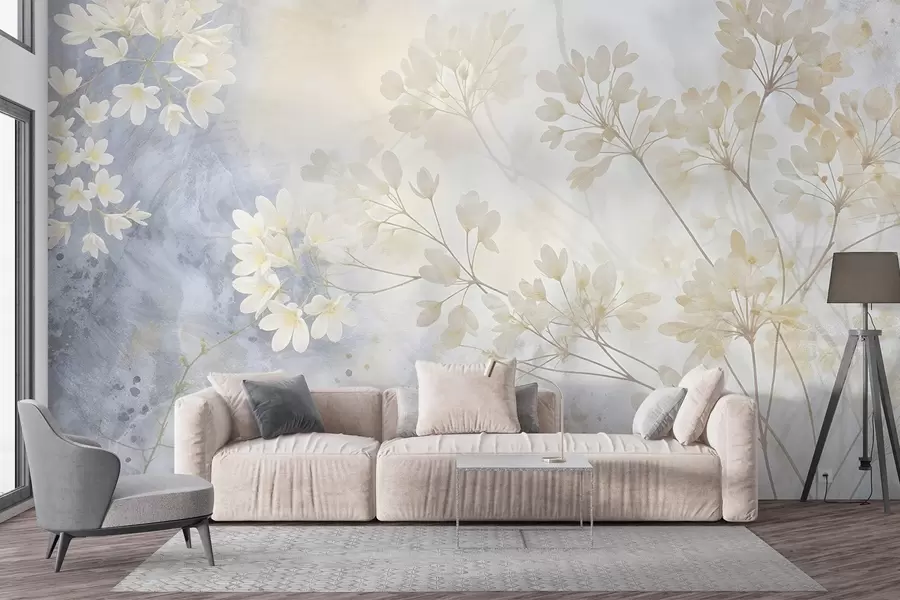 wall murals Нежна апстрактна пастелна штампа белог цвећа на замућеној позадини, мека и етерична w08408