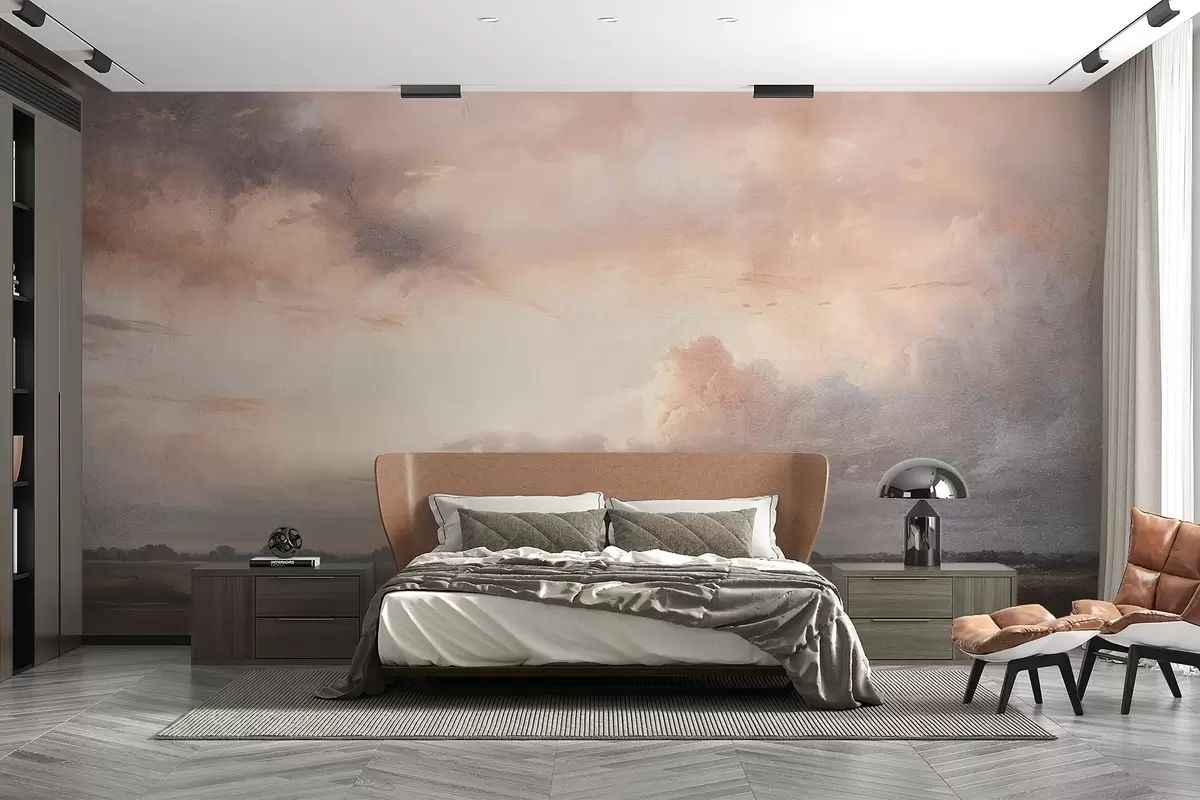wall murals Драматични пејзаж са текстуром отиска облачног неба изнад мирног језера на заласку сунца, са брдима видљивим у даљини w08409