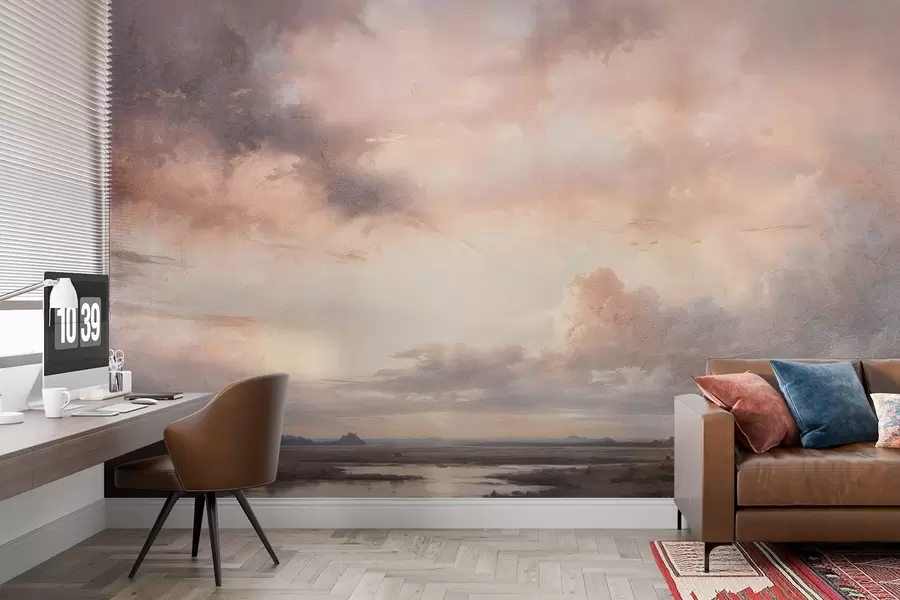 wall murals Драматични пејзаж са текстуром отиска облачног неба изнад мирног језера на заласку сунца, са брдима видљивим у даљини w08409