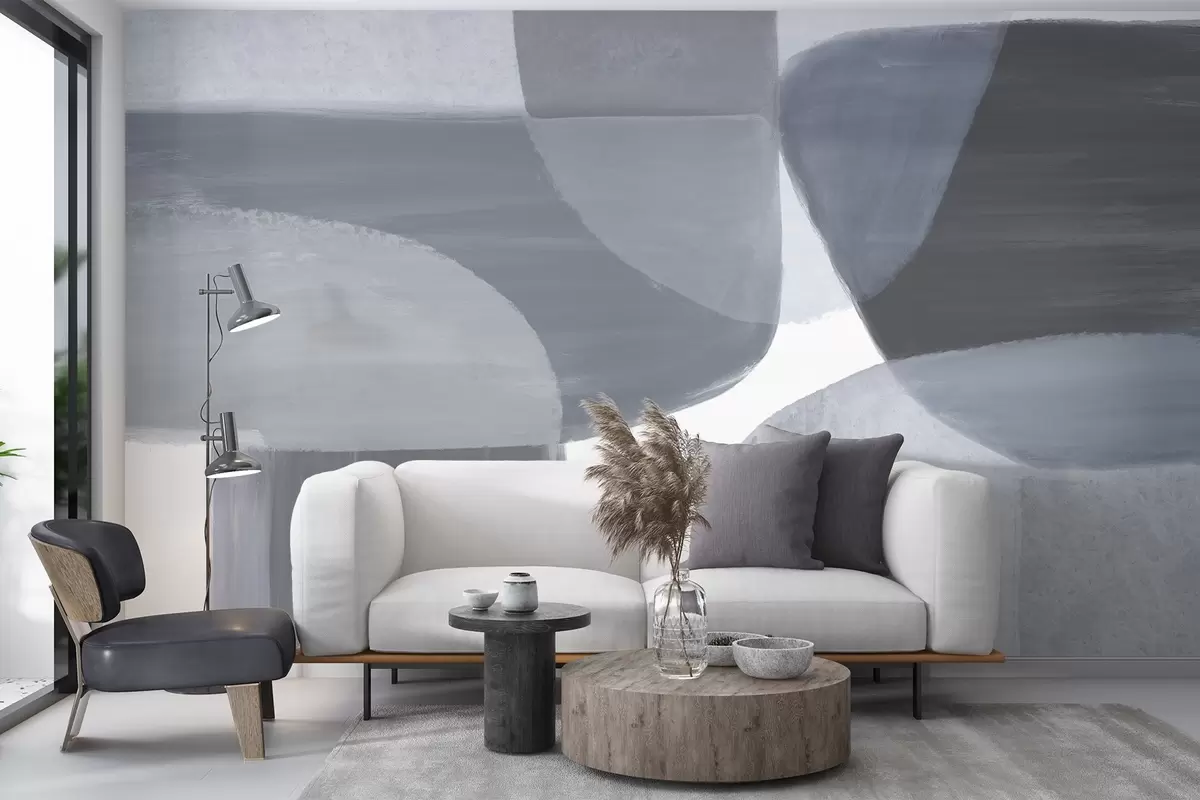 wall murals Једнобојна апстрактна штампа са преклапајућим минималистичким облицима и облицима у нијансама сиве и плаве w08410