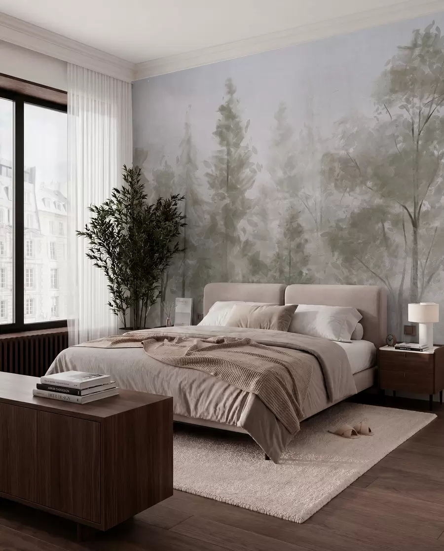 wall murals Високи текстурирани борови у магловитој шуми, са магловитом, магловитом атмосфером w08411