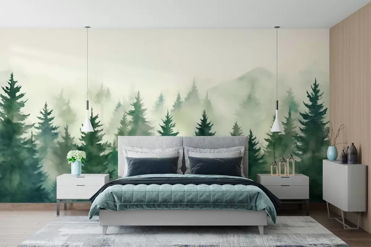 wall murals Магловита шума у меким зеленим тоновима w02161