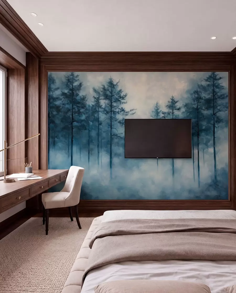 wall murals Мистична шума, борови, магла, акрилне боје, дубоке плаве боје w02149