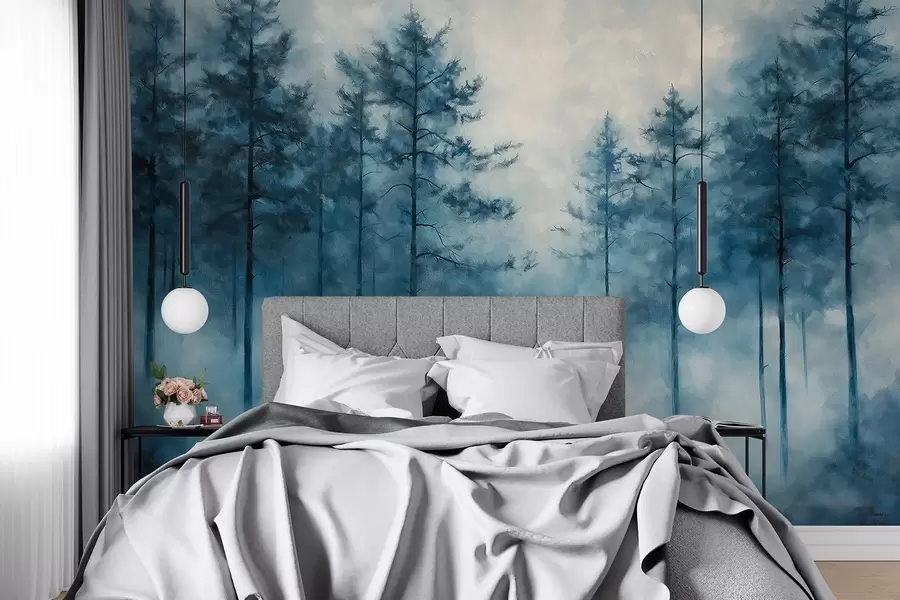 wall murals Мистична шума, борови, магла, акрилне боје, дубоке плаве боје w02149