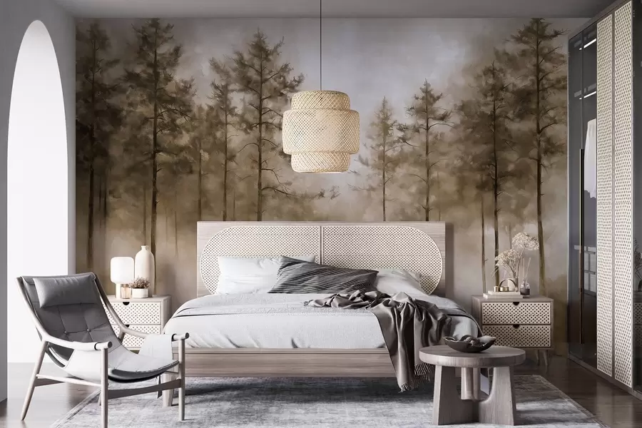 wall murals Мистична шума, борови, магла, акрилне боје, беж боје w02149v1