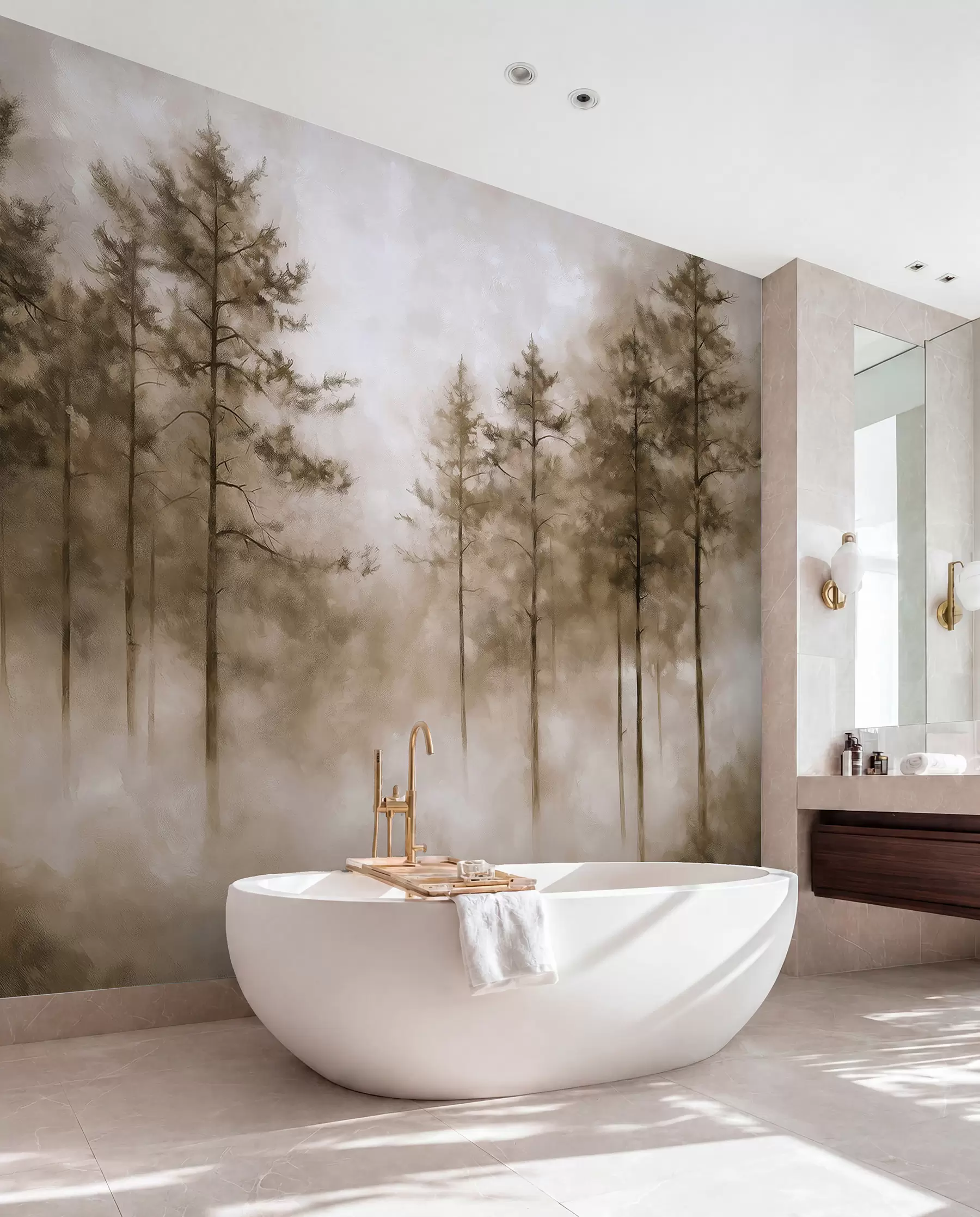 wall murals Мистична шума, борови, магла, акрилне боје, беж боје w02149v1
