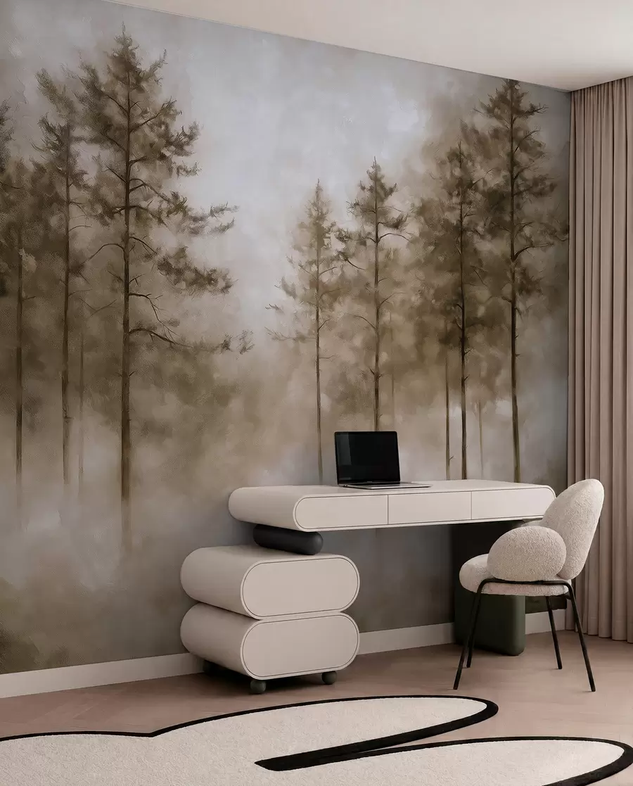 wall murals Мистична шума, борови, магла, акрилне боје, беж боје w02149v1