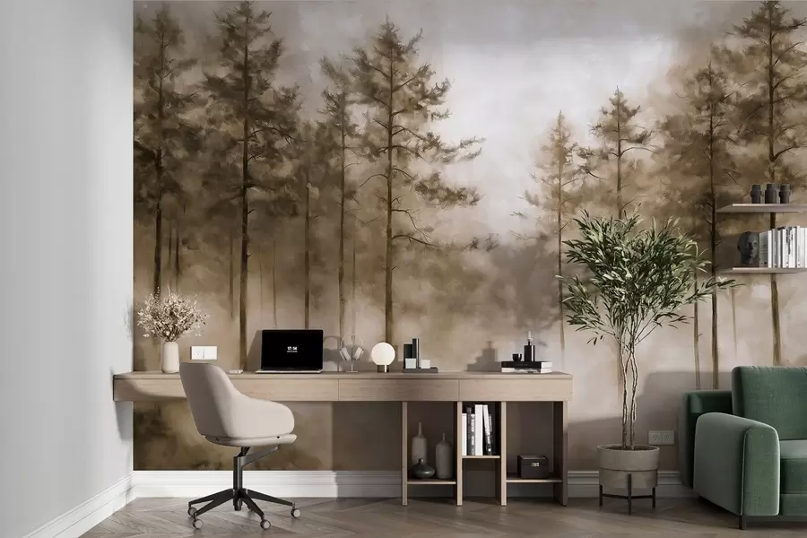 wall murals Мистична шума, борови, магла, акрилне боје, беж боје w02149v1